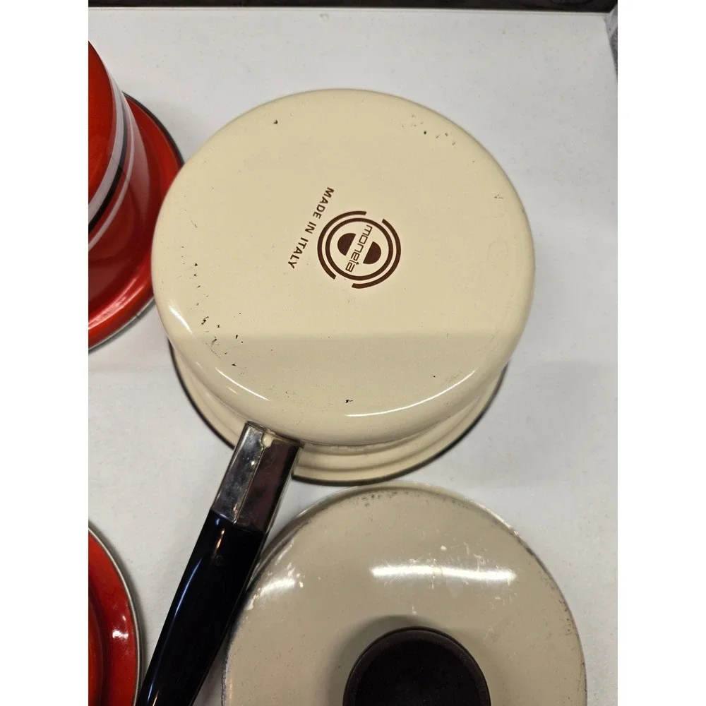 Vintage Enamel Saucepan Lot Lanko Japan Moneta Italy Retro Mid Century Cookware
